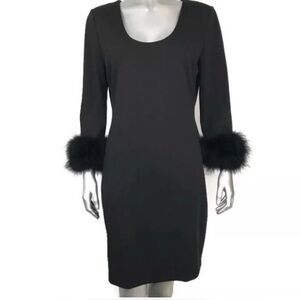 Calvin Klein Black Cocktail Dress Feather Cuffs Sz L